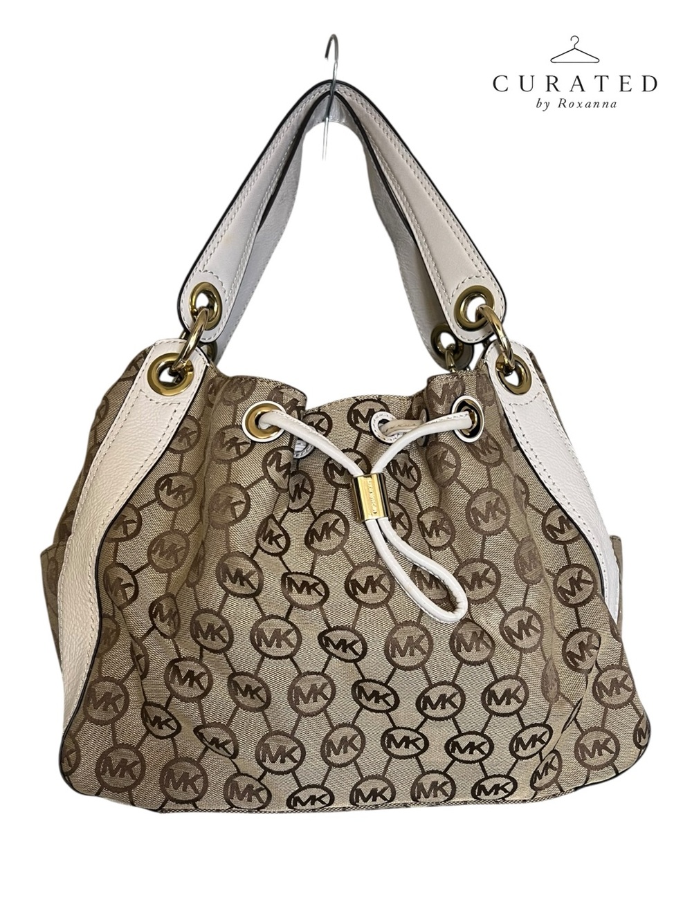 Michael Kors Signature MK Logo Drawstring Bucket Bag White Leather Trim/hardware